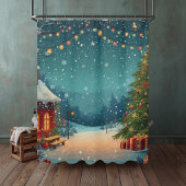 Rideaux De Douche Cozy Christmas Cabin with Snowy Winter Scene
