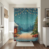 Rideaux De Douche Cozy Christmas Cabin with Snowy Winter Scene