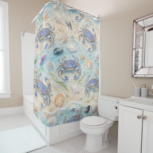 Rideaux De Douche Crabe Bleu & Coquillages (En situation)