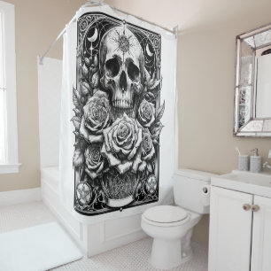 Rideaux De Douche Crâne de squelette pentacle et roses Art du Tarot