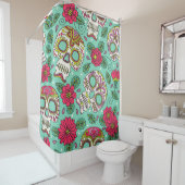 Rideaux De Douche Crâne et fleurs mexicaines, sans soudure. (En situation)
