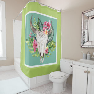 Rideaux De Douche Crâne Floral Boho Sarcelle & Vert Couleurs Vives C