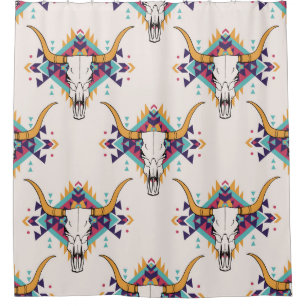 Rideaux De Douche Crâne taureau de la tribu : Boho Seamless