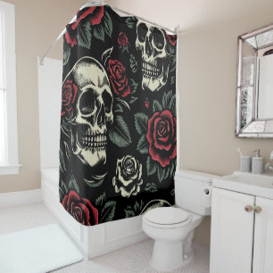 Rideaux De Douche Crânes et roses rouges florale gothique