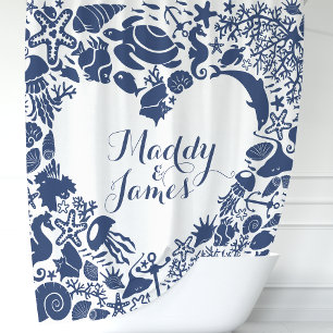 Rideaux De Douche Créatures Marines Bleu Marine Couple Monogramme en