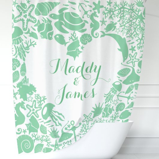 Rideaux De Douche Créatures marines vert menthe Monogramme Couple Cœ