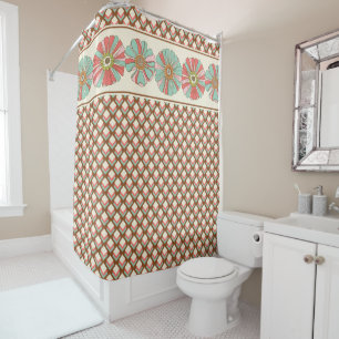 Rideaux De Douche Crème Brown rose Fleurs Carrés géométriques rétro