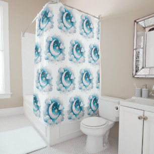 Rideaux De Douche Croissant de Lune Céleste Bleu et Blanc Bohème Mod