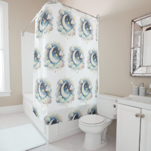 Rideaux De Douche Croissant de Lune Céleste Bleu et Blanc Bohème Mod
