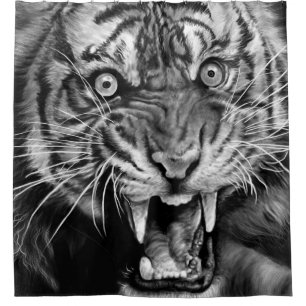 Rideaux De Douche Croquis d'un tigre sauvage en noir et blanc, white