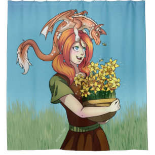 Rideaux De Douche Cueillir des fleurs avec un dragon