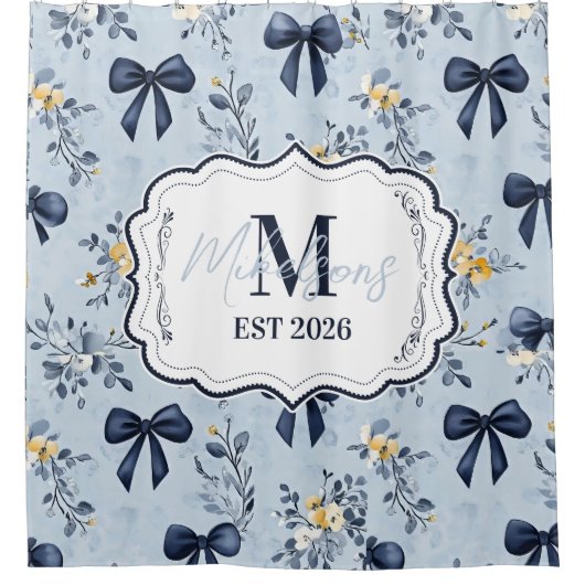Rideaux De Douche Custom Elegant Blue Bow Floral Monogram (Devant)