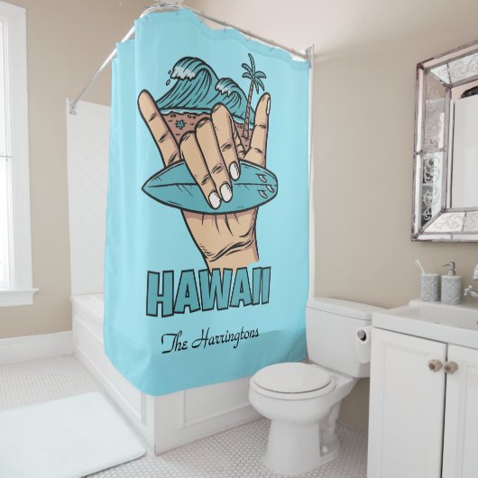 Rideaux De Douche Custom Name & Location Surf Shaka (En situation)