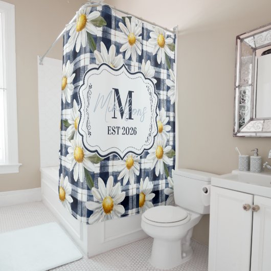 Rideaux De Douche Custom Navy Gingham Daisy Monogram (En situation)