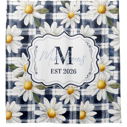 Rideaux De Douche Custom Navy Gingham Daisy Monogram (Devant)