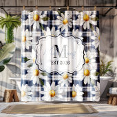 Rideaux De Douche Custom Navy Gingham Daisy Monogram