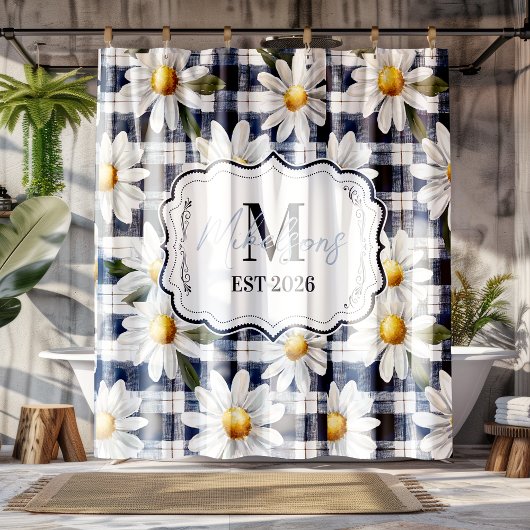Rideaux De Douche Custom Navy Gingham Daisy Monogram