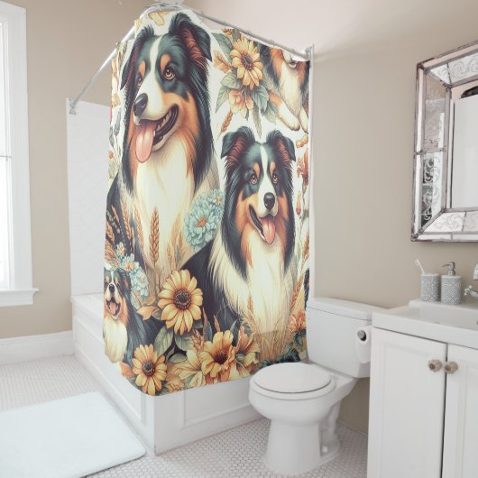 Rideaux De Douche Cute Australian Shepherd peinture Vintage (En situation)