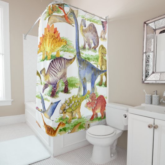 Rideaux De Douche Cute Dinosaures Aquarelle Art sans fil (En situation)