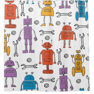 Rideaux De Douche Cute doodle robots. Seamless pattern. Cartoon char