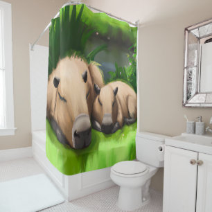 Rideaux De Douche Cute Funny Napping Capybaras par l'étang