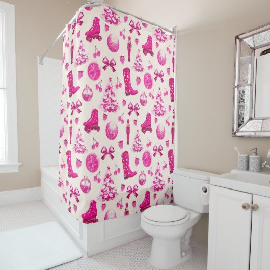 Rideaux De Douche Cute Girly Preppy Motif de Noël rose (En situation)