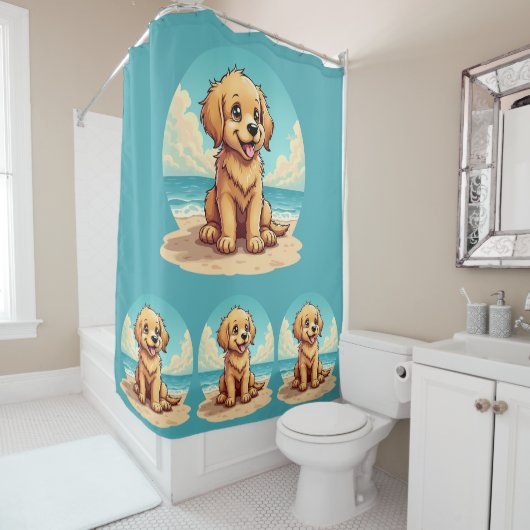 Rideaux De Douche Cute Golden Puppy at Sunny Beach Scene (En situation)