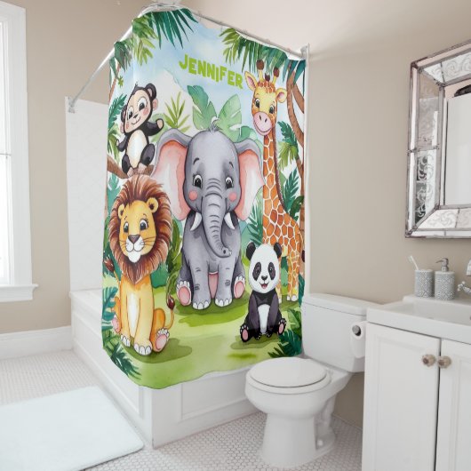 Rideaux De Douche Cute Kids Safari Jungle Animaux Nom Personnalisé (En situation)