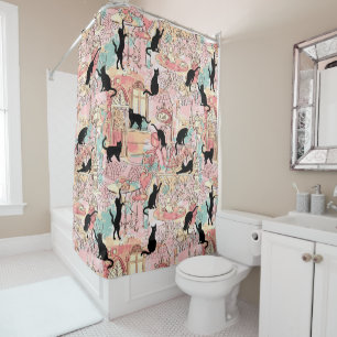 Rideaux De Douche Cute Moderne Aquarelle Paris Café Motif Chat