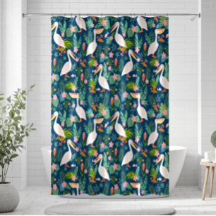 Rideaux De Douche Cute pélicans coloré fleurs tropicales motif