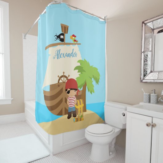 Rideaux De Douche Cute Pirate Boy & A Big Ship Custom Name (En situation)