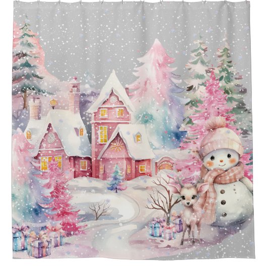 Rideaux De Douche Cute rose Snowman hiver Wonderland (Devant)
