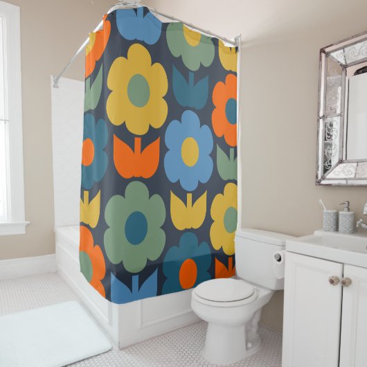 Rideaux De Douche Cute Scandi Retro Moderne Motif Floral Bleu (En situation)