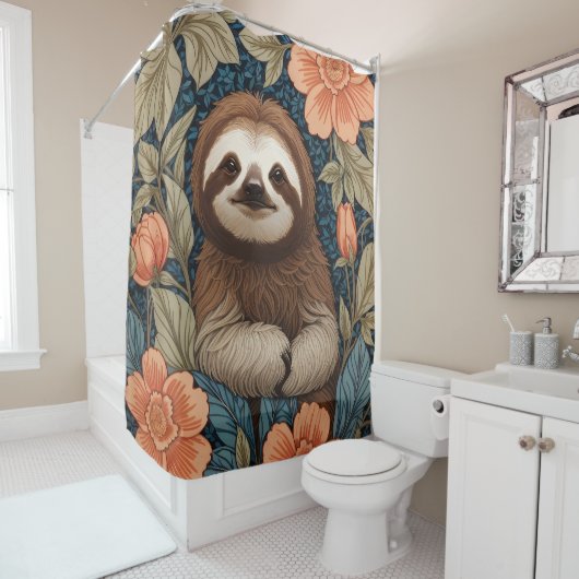 Rideaux De Douche Cute Sloth Elegant Floral William Morris Inspired (En situation)