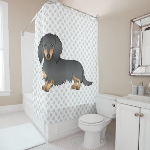 Rideaux De Douche Dachshund à poil long noir et feu en dessin animé