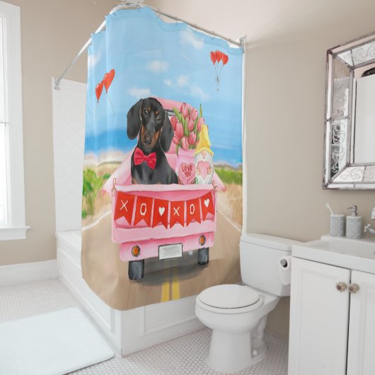 Rideaux De Douche Dachshund Chien Saint-Valentin Coeurs de Camion (En situation)