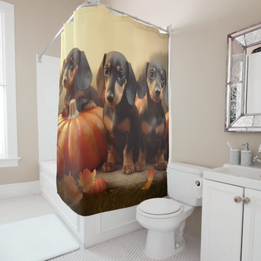 Rideaux De Douche Dachshund Chiot Automne Citrouille de plaisir (En situation)