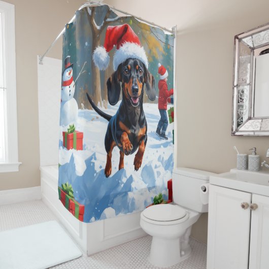 Rideaux De Douche Dachshund Courir en neige avec Casquette de Noël (En situation)