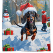 Rideaux De Douche Dachshund Courir en neige avec Casquette de Noël (Devant)