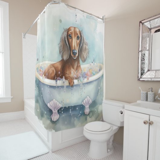 Rideaux De Douche Dachshund Dans La Baignoire Aquarelle Chien Art (En situation)