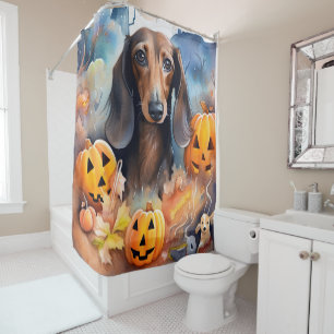Rideaux De Douche Dachshund Halloween avec citrouilles effrayant