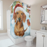 Rideaux De Douche Dachshund Winter Wonderland Christmas Joy<br><div class="desc">Ce design festif reflète l'esprit joyeux de la période des fêtes, avec un adorable petit portant un chapeau de Père Noël. Le chien est niché dans un pays des merveilles hivernales, avec un bonhomme de neige, un sapin de Noël décoré et des cadeaux joliment emballés. Les flocons de neige tombent...</div>