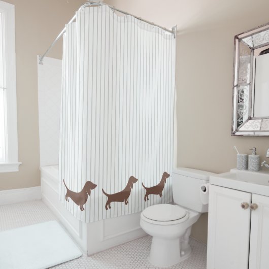Rideaux De Douche Dachshunts Brown sur bandes beiges (En situation)