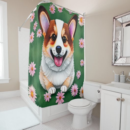 Rideaux De Douche Daisies et Corgi (En situation)