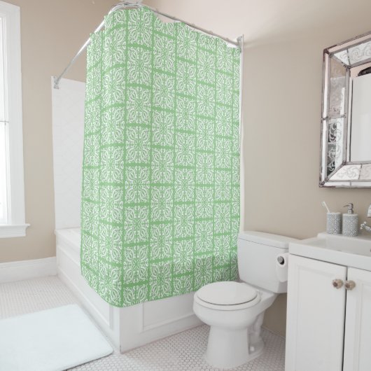 Rideaux De Douche Damas blanc sur vert (En situation)