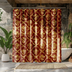 Rideaux De Douche Damas géométriques rouges foncés et dorés