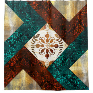 Rideaux De Douche Damas géométriques turquoise, bordeaux et or