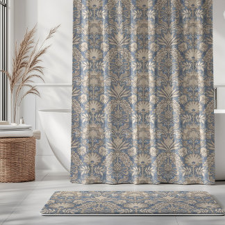 Rideaux De Douche Damassé Botanique Crème Ardoise Bleu Beige