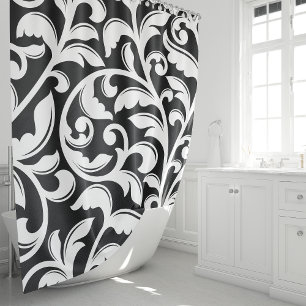 Rideaux De Douche Damassé floral à vigne noir et blanc