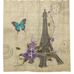 Rideaux De Douche Damassé florale vintage de papillon de Tour Eiffe